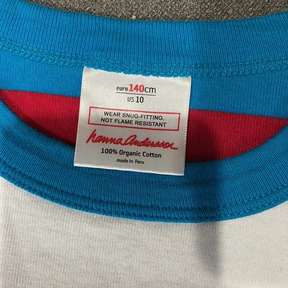 Hanna Andersson Red and Turquoise Stripe Gnome Pajama Top - Picture 4 of 7